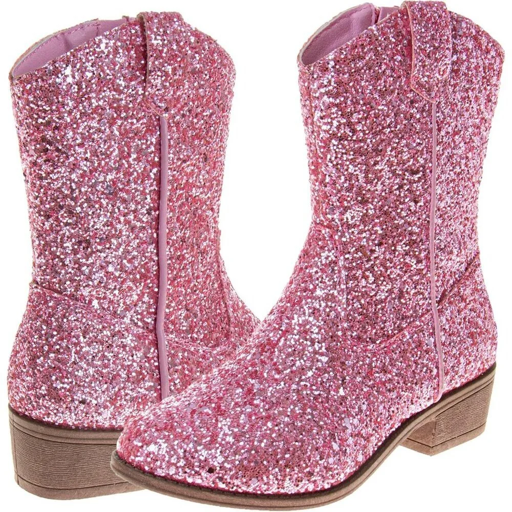🆕Girls Pink Glitter Manmade Glitter Cowgirl Mid Calf Cowboy Western Boots